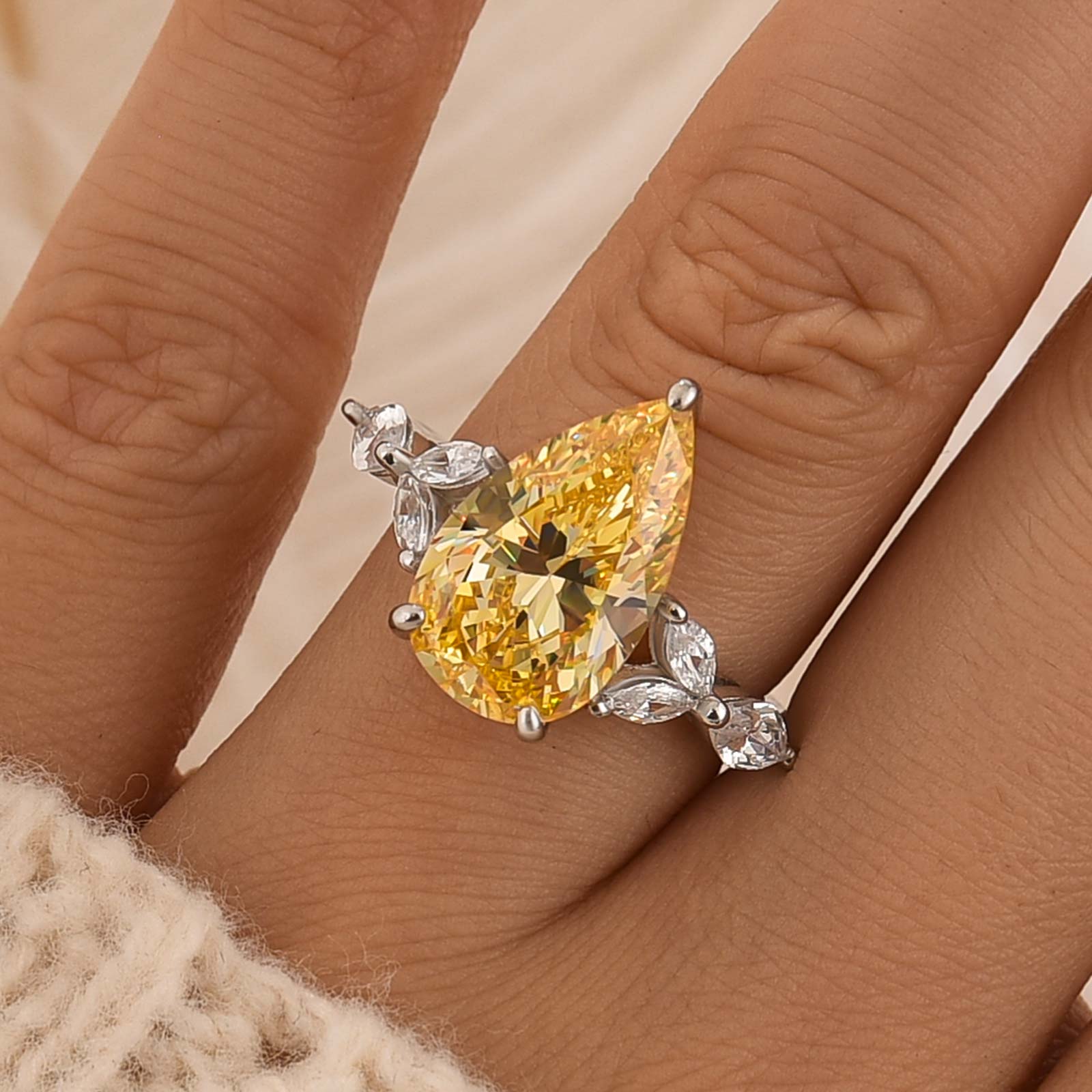 4.5Ct Pear Cut Yellow Stone With Design Marquise Side Stone Engagement Rings