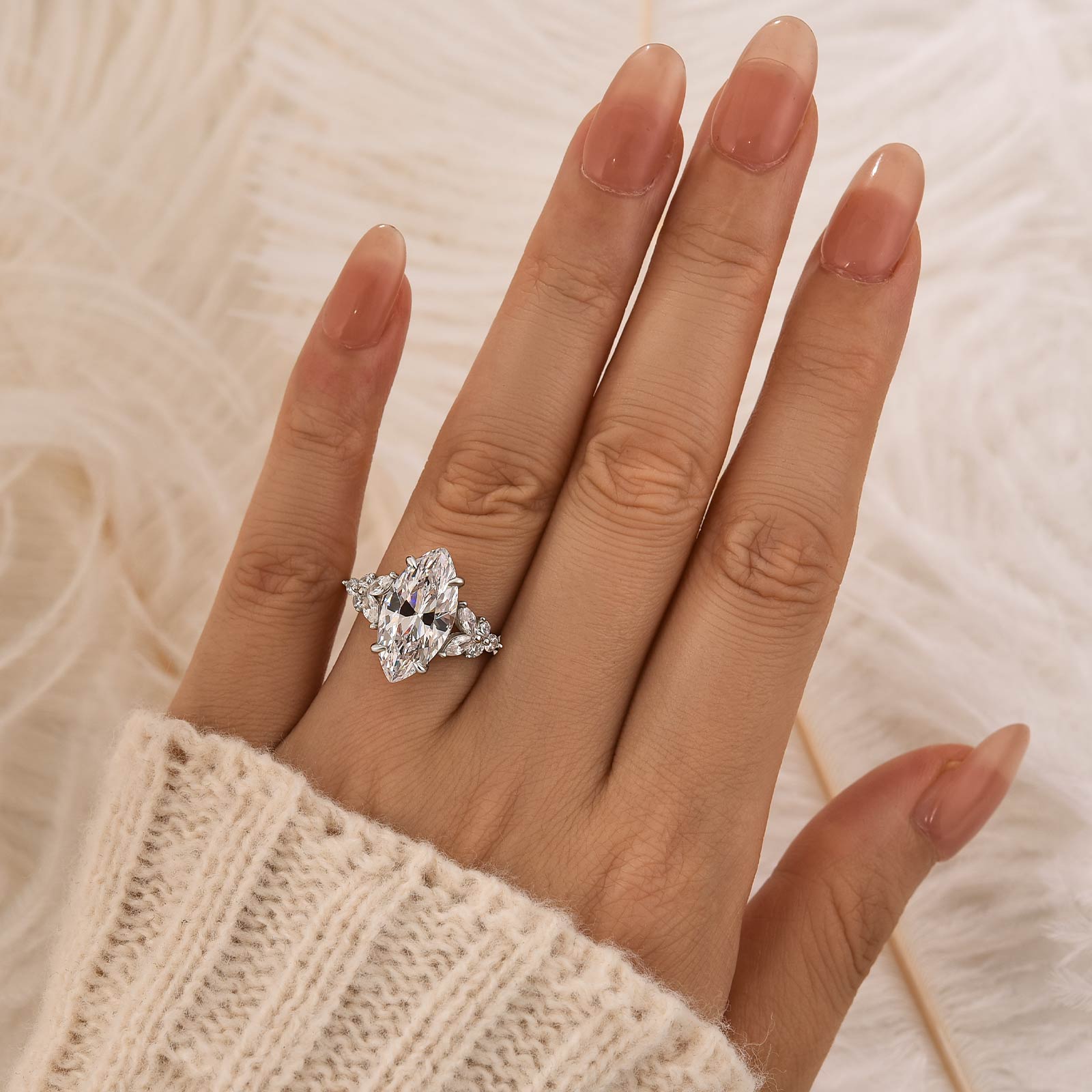 Elegant 4.0Ct Marquise Cut White Stone with Design Side Stones White Gold Engagement Ring in Sterling Sliver