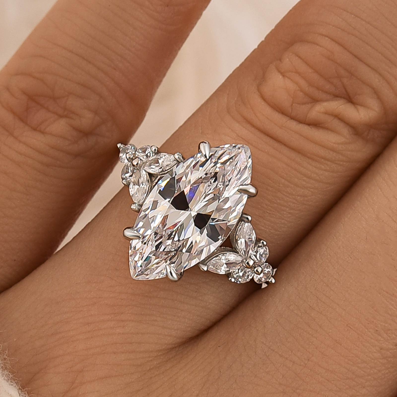 Elegant 4.0Ct Marquise Cut White Stone with Design Side Stones White Gold Engagement Ring in Sterling Sliver