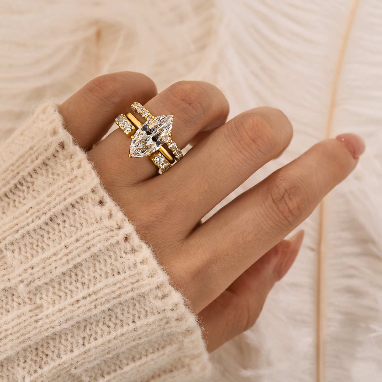 4.0Ct Solitaire Marquise Engagement Ring with 2PC Yellow Gold Open Pavé Wedding Band