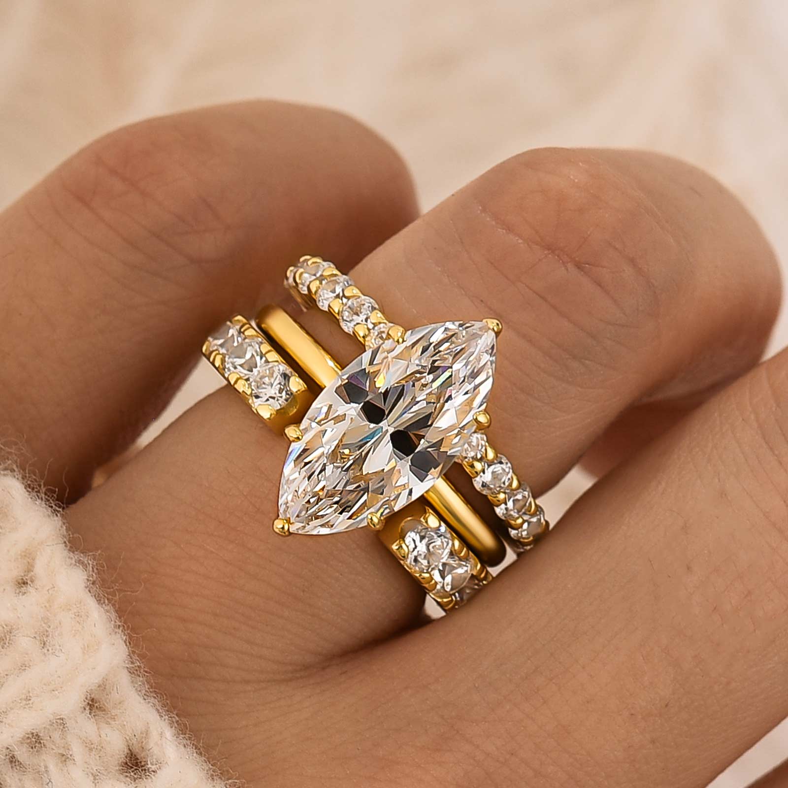 4.0Ct Solitaire Marquise Engagement Ring with 2PC Yellow Gold Open Pavé Wedding Band