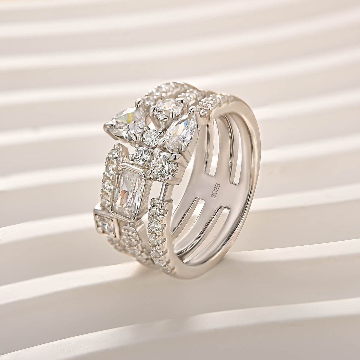 1.65Ct Mixed-Cut Triple-Row Curved 18K White Gold-Plated Wedding Band