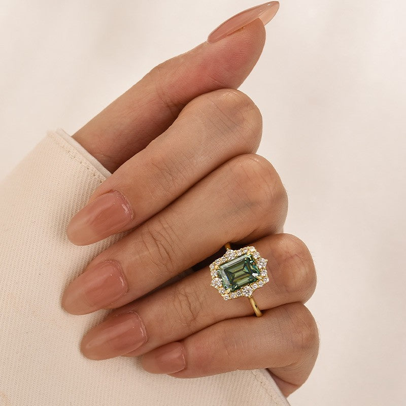 Moissanite 3.0Ct Yellow Gold Halo Emerald Stone Emerald Cut Engagement Ring - louilyjewelry