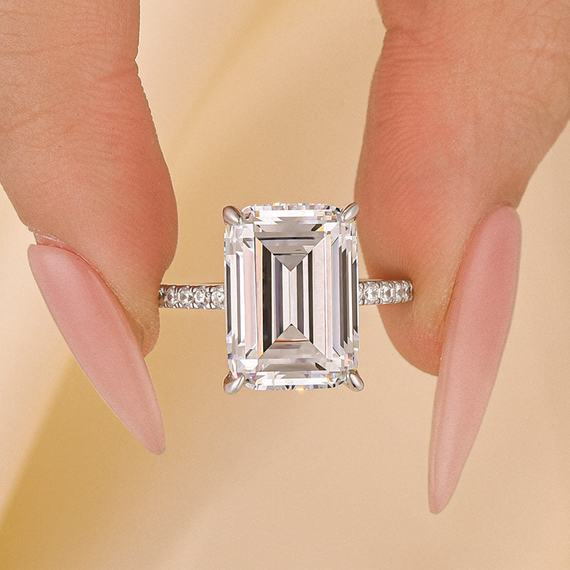 10Ct Emerald Cut Engagement Ring With Hidden Halo In Sterling Silver - louilyjewelry