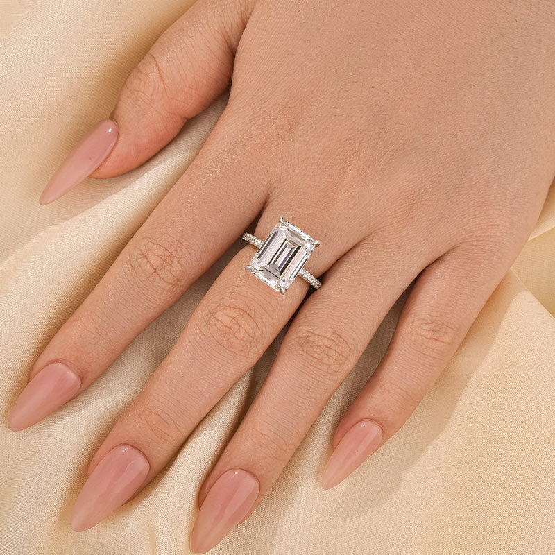 10Ct Emerald Cut Engagement Ring With Hidden Halo In Sterling Silver - louilyjewelry
