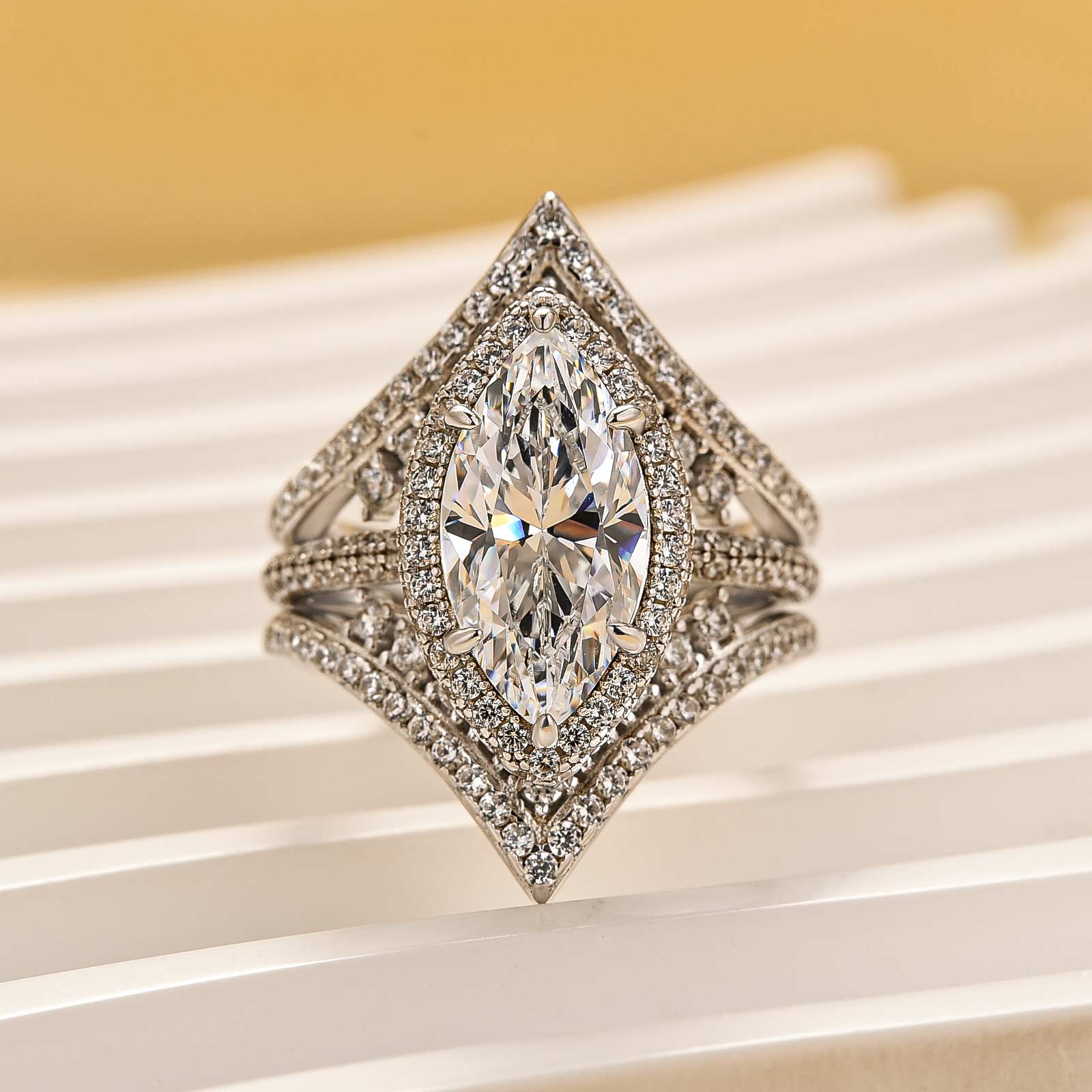 3.0Ct Halo Marquise Cut Insert Wedding Ring Set With Luxe Engagement Ring Enhancer