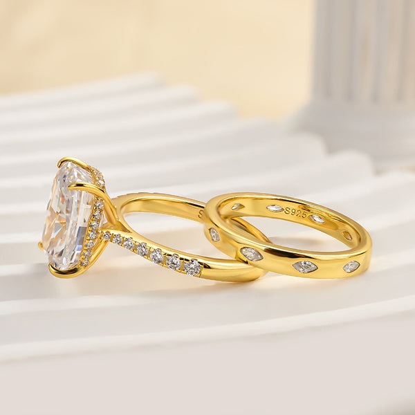 Louily Yellow Gold Cushion Cut Wedding Ring Set In Sterling Silver