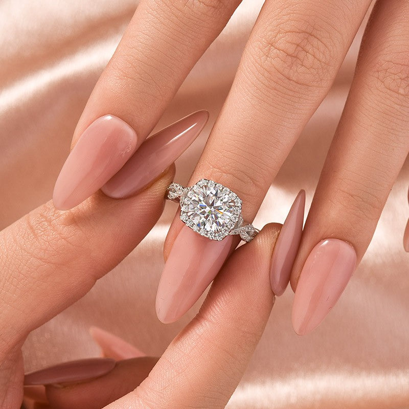 Moissanite 2.0 Ct Halo Round Cut Twist White Gold Engagement Ring - louilyjewelry