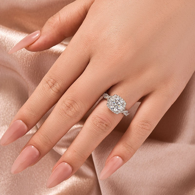 Moissanite 2.0 Ct Halo Round Cut Twist White Gold Engagement Ring - louilyjewelry