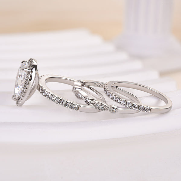 Louily Halo Pear Cut 3-Pieces Wedding Ring Set In Sterling Silver