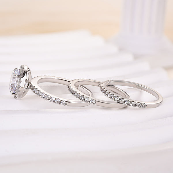 Louily Classic Round Cut Halo 3-Pieces Wedding Set In Sterling Silver