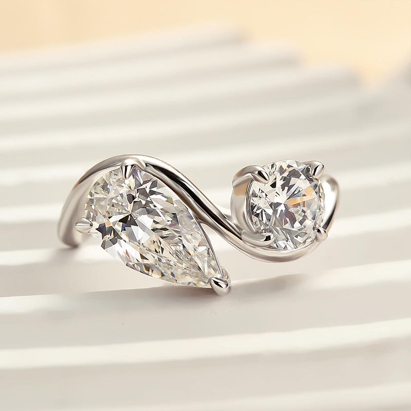 Louily Unique Double Stones Design Pear & Round Cut Engagement Ring In Sterling Silver - louilyjewelry