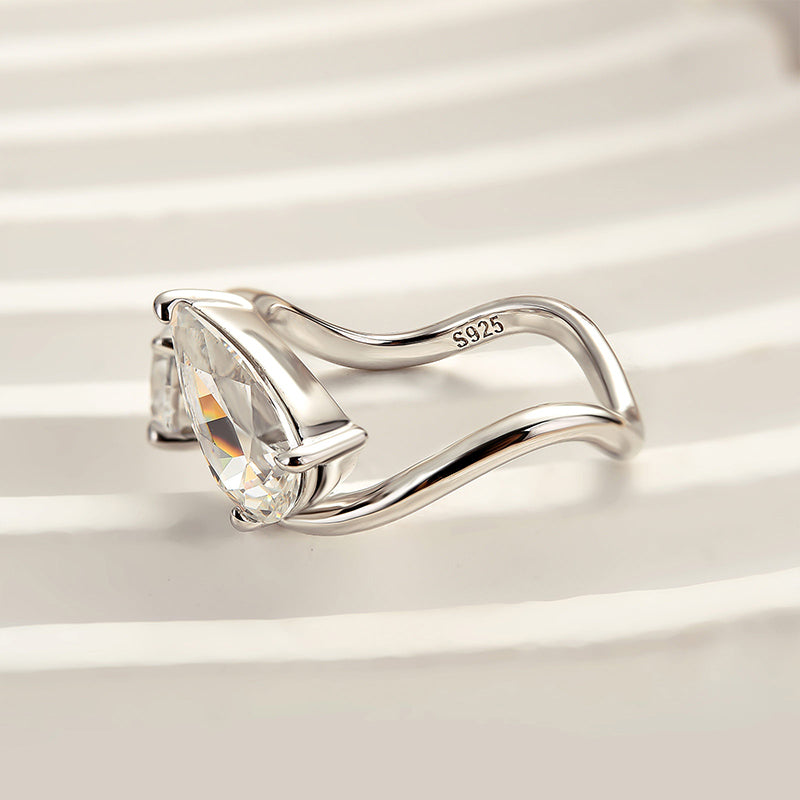 Louily Unique Double Stones Design Pear & Round Cut Engagement Ring In Sterling Silver - louilyjewelry