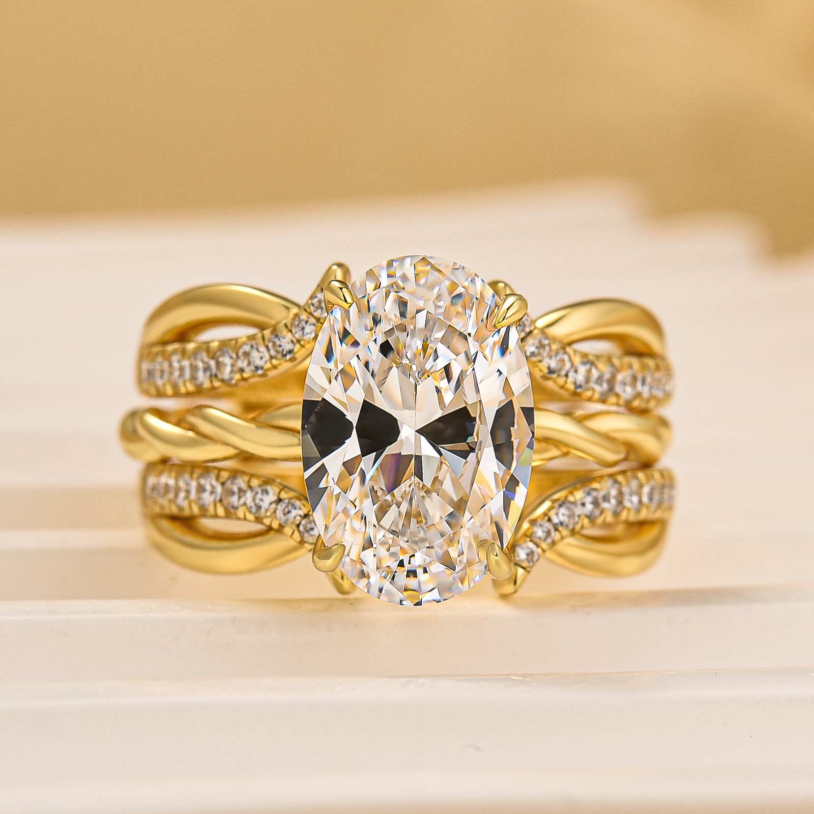 Romantic 4.0Ct Oval Cut Twist Engagement Ring with Enhancer Wedding Band For Woman In Sterling Silver