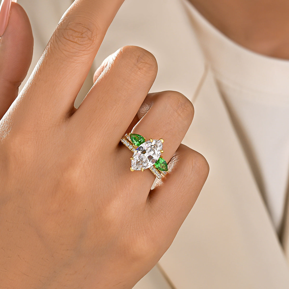 S925 2PC 4.0Ct Marquise Cut Half Eternity Engagement Ring & Green Pear Cut Enhancer Band