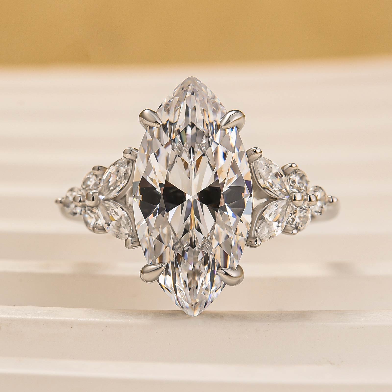 Elegant 4.0Ct Marquise Cut White Stone with Design Side Stones White Gold Engagement Ring in Sterling Sliver