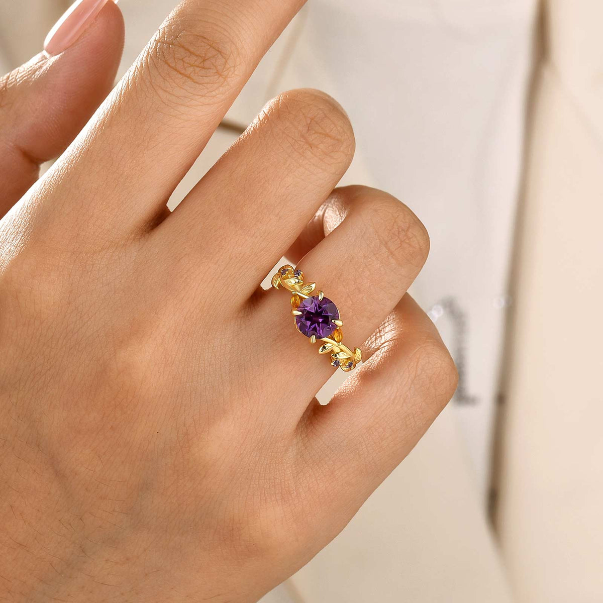 1.25Ct Nature-Inspired Round Cut Purple Stone Vine Engagement Ring