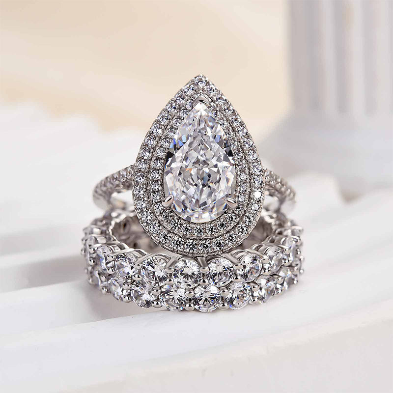 Louily Eternity Double Halo Pear Cut 3PC Wedding Set In Sterling Silver - louilyjewelry