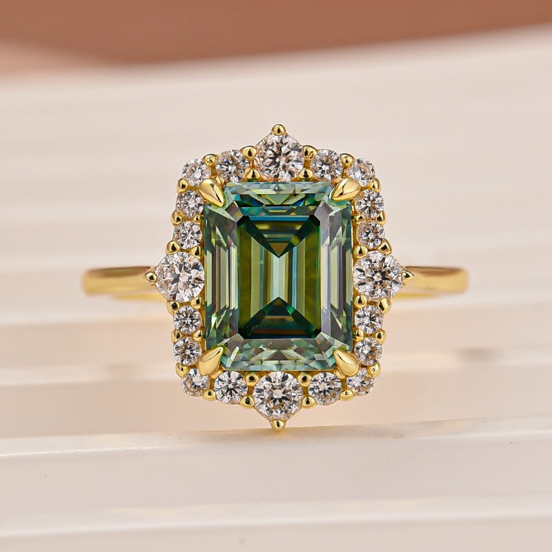 Moissanite 3.0Ct Yellow Gold Halo Emerald Stone Emerald Cut Engagement Ring