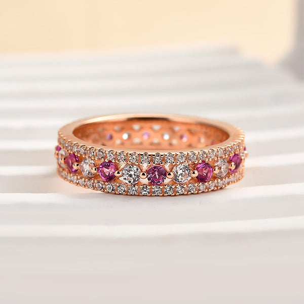 Louily Precious Rose Gold Pink and White Stone Wide Wedding Band