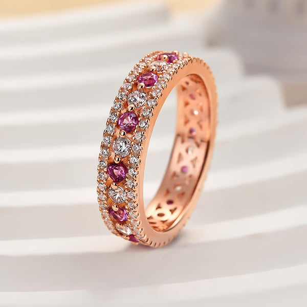 Louily Precious Rose Gold Pink and White Stone Wide Wedding Band