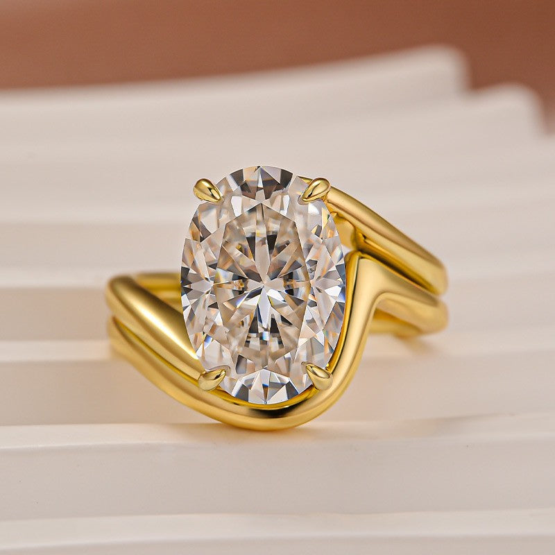 2PC Moissanite Wedding Sets 5.5Ct Oval Cut Yellow Gold Solitaire Engagement Ring with Curved Wedding Band