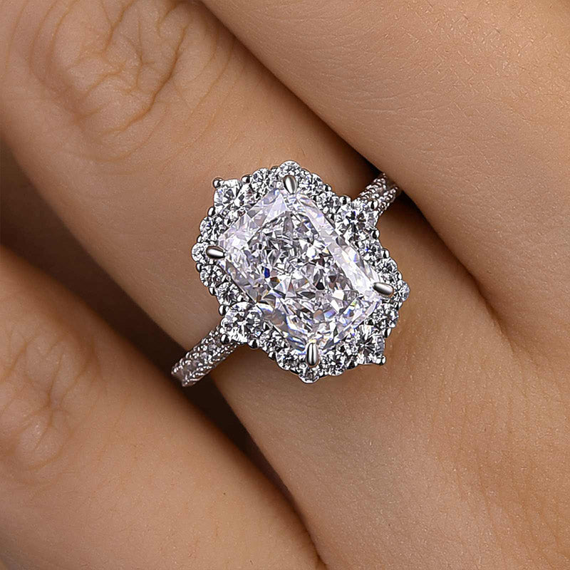 Louily Gorgeous Halo Radiant Cut Simulated Diamond Engagement Ring In Sterling Silver - louilyjewelry