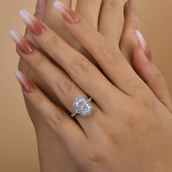 Louily Gorgeous Halo Radiant Cut Simulated Diamond Engagement Ring In Sterling Silver