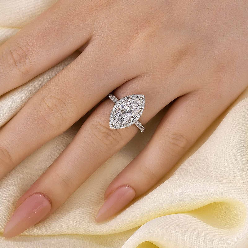 Unique 3.0Ct Halo Marquise Cut Engagement Ring In Sterling Silver - louilyjewelry