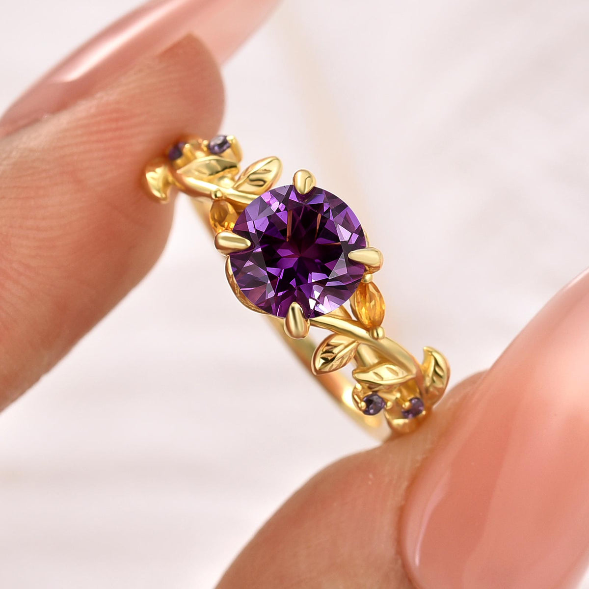 1.25Ct Nature-Inspired Round Cut Purple Stone Vine Engagement Ring