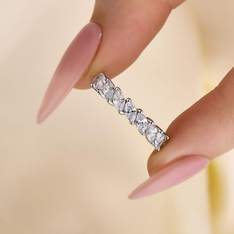 Marquise Cut Half Wedding Band In Sterling Silver - louilyjewelry