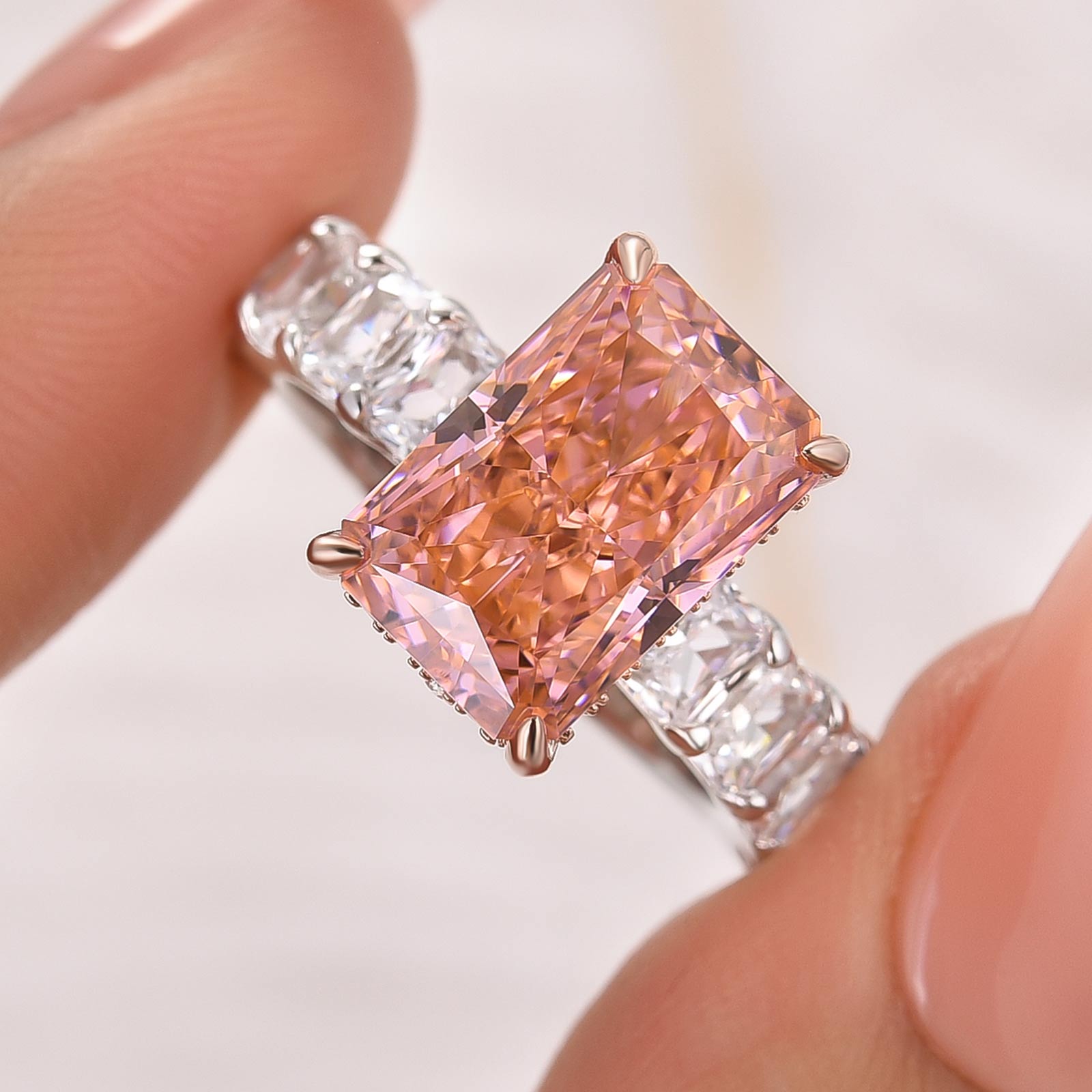 Hidden Halo 5.0Ct Radiant Cut Padparadscha Two-Tone Engagement Ring