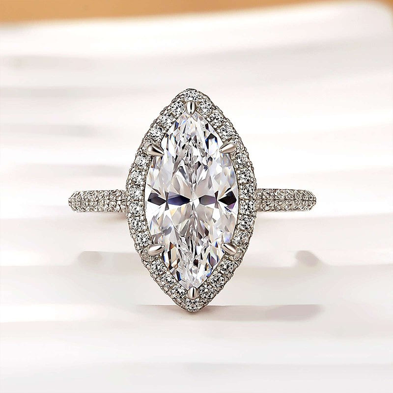 Unique 3.0Ct Halo Marquise Cut Engagement Ring In Sterling Silver - louilyjewelry