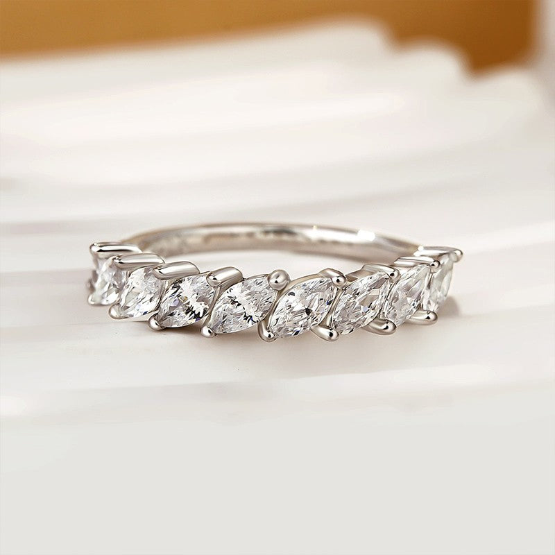 Marquise Cut Half Wedding Band In Sterling Silver - louilyjewelry