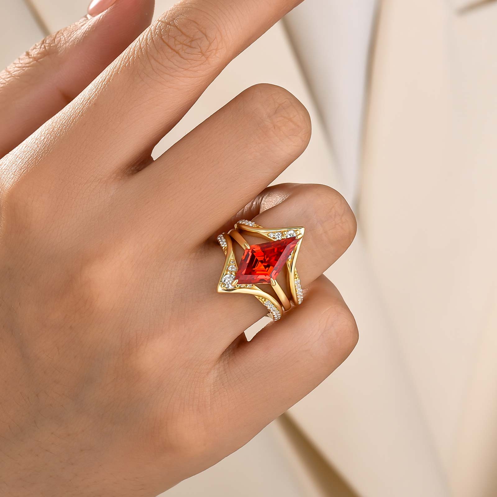 S925 3.0Ct Kite Cut Red Stone Solitaire Ring Set with V-Shaped Enhancer Band