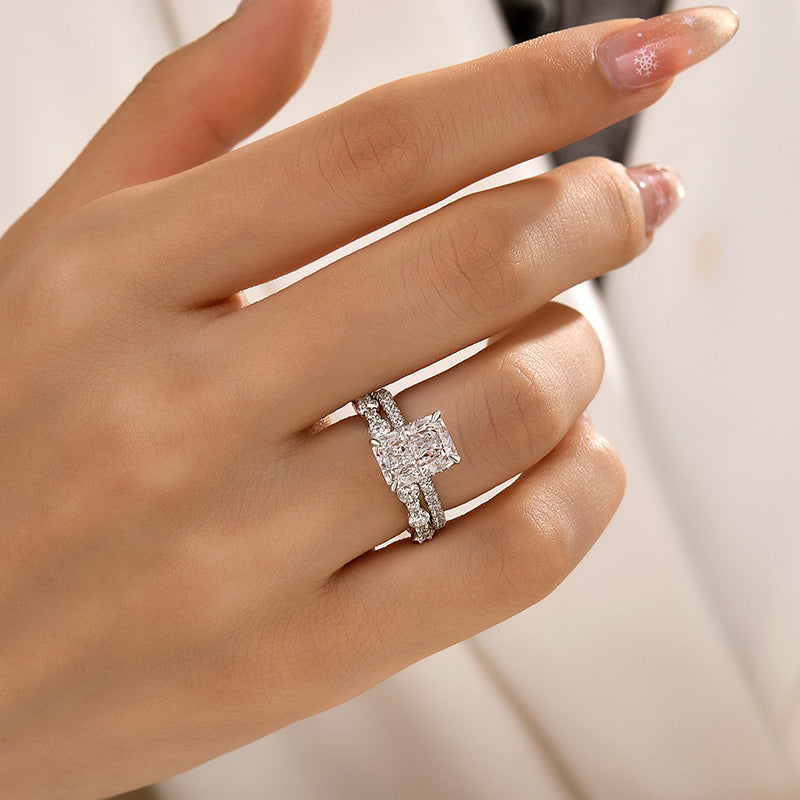 2PC Moissanite 3.5Ct Radiant Cut Engagement Ring With Round Cut Wedding Band Wedding Ring Set