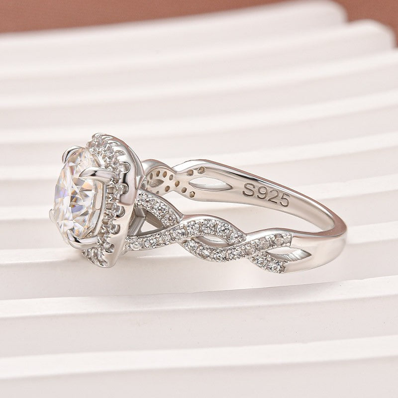 Moissanite 2.0 Ct Halo Round Cut Twist White Gold Engagement Ring - louilyjewelry