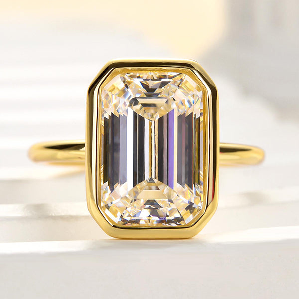 Louily Unique Yellow Gold Emerald Cut Bezel Engagement Ring In Sterling Silver