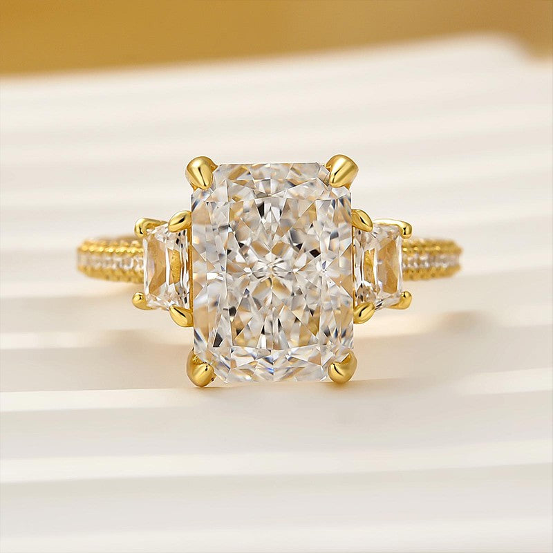 4.5Ct Radiant Cut Three Stone Yellow Gold Promise Ring Engagement Ring In Sterling Silver - louilyjewelry