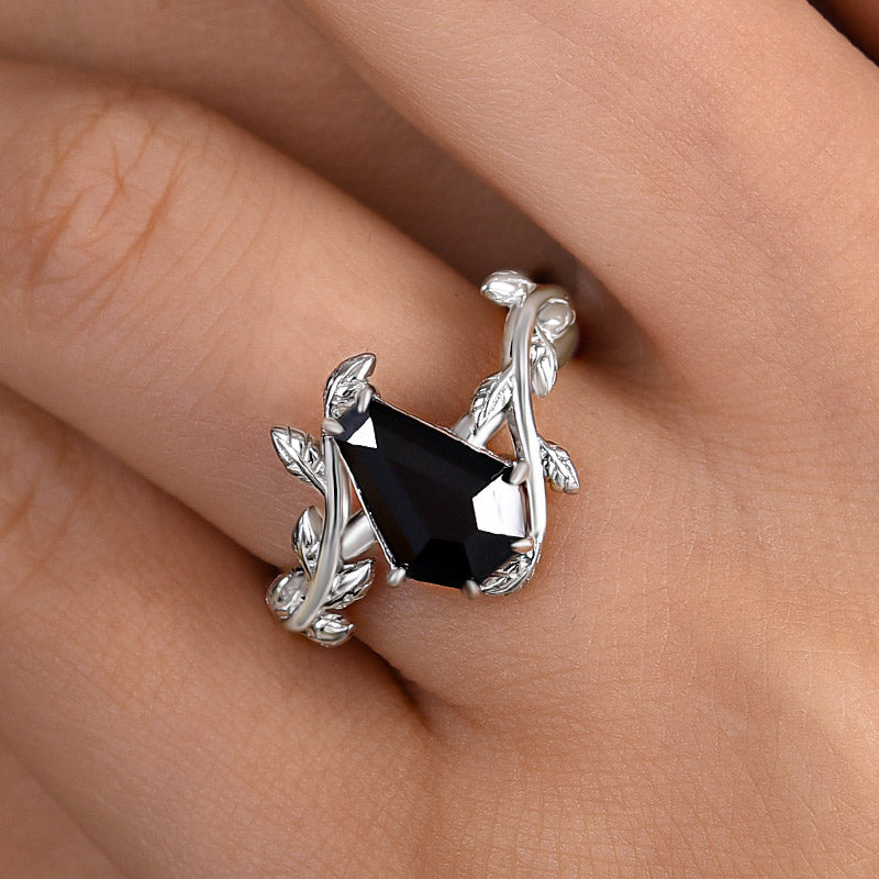 Louily Unique Leaf Design Black Stone Coffin Cut Engagement Ring In Sterling Silver - louilyjewelry