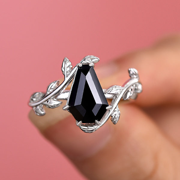 Louily Unique Leaf Design Black Stone Coffin Cut Engagement Ring In Sterling Silver