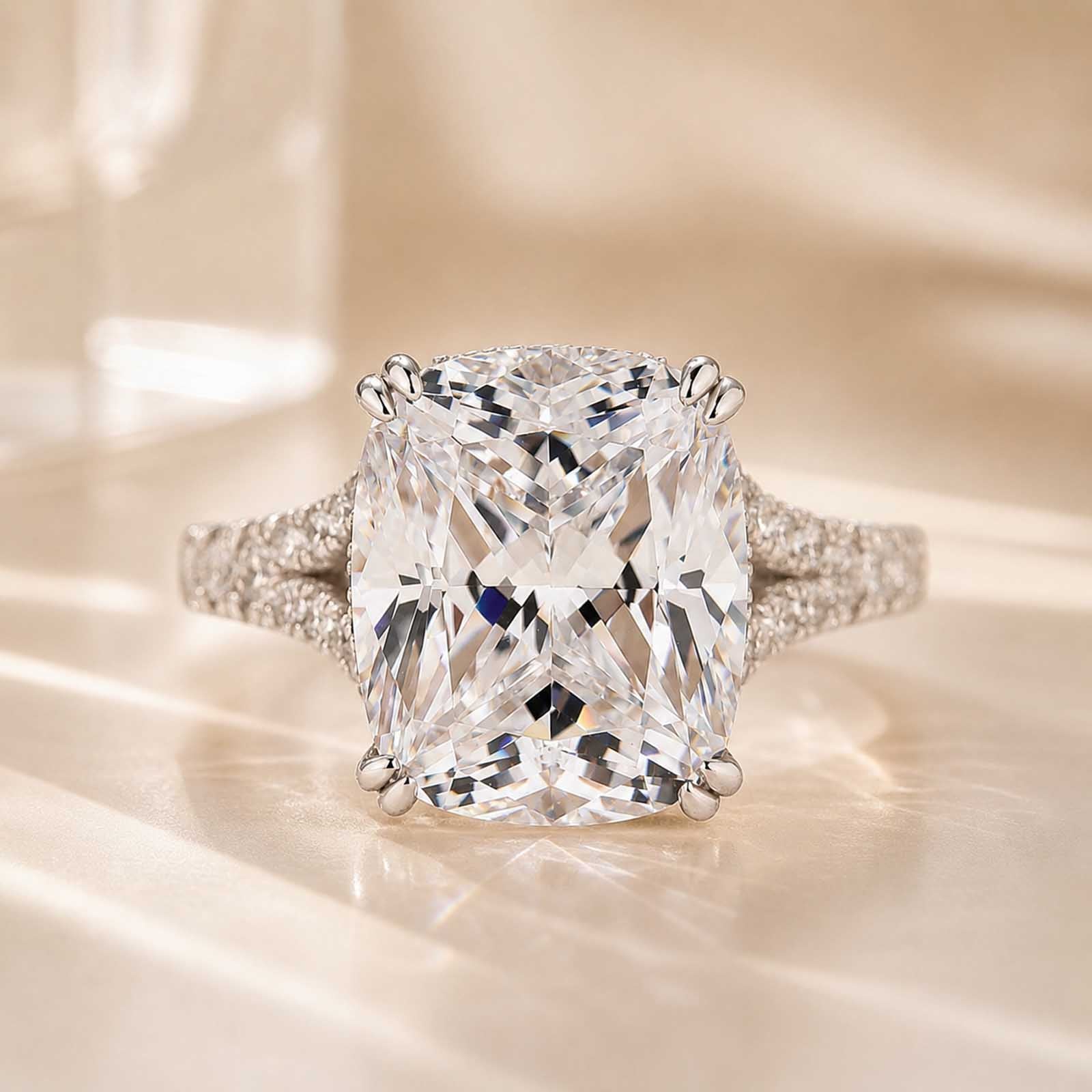 S925 7.0Ct Split Shank Cushion Cut Engagement Ring 18K White Gold Plated Travel Rings with Pavé Accents