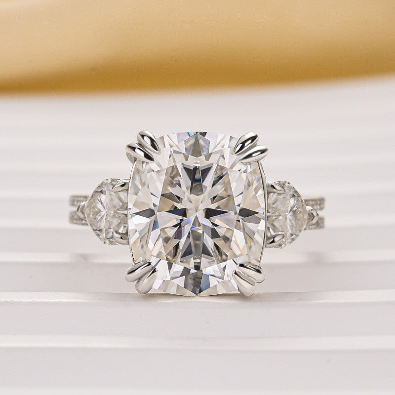 Moissanite 6.0Ct Cushion Cut Three Stone Engagement Ring In Sterling Silver - louilyjewelry