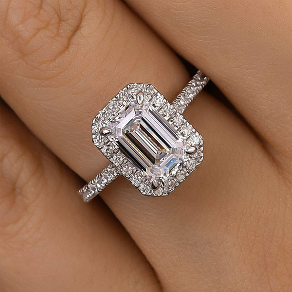 Louily Attractive Halo Emerald Cut Engagement Ring