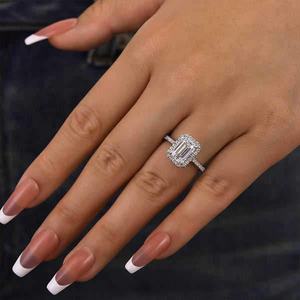 Louily Attractive Halo Emerald Cut Engagement Ring