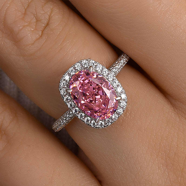 Louily Special Pink Stone Halo Oval Cut Engagement Ring