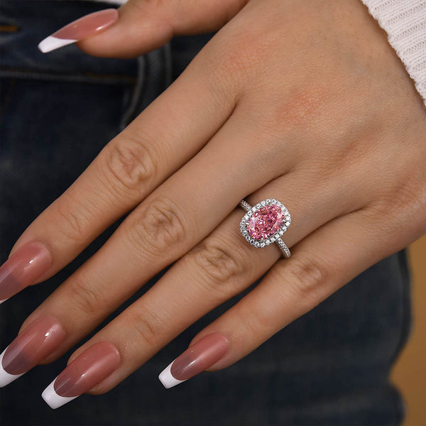 Louily Special Pink Stone Halo Oval Cut Engagement Ring