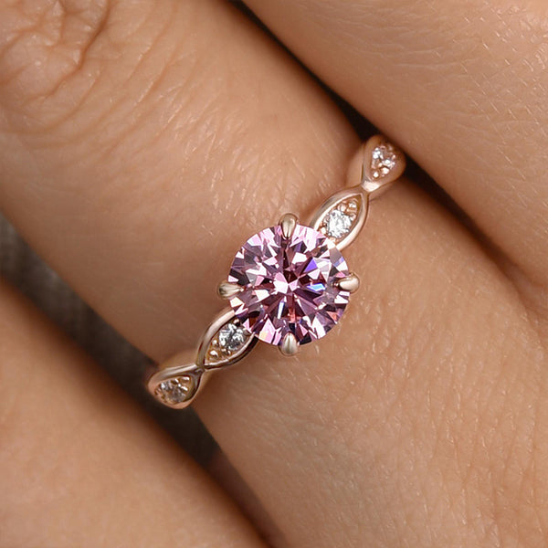 Louily Pink Stone Rose Gold Round Cut Promise Ring