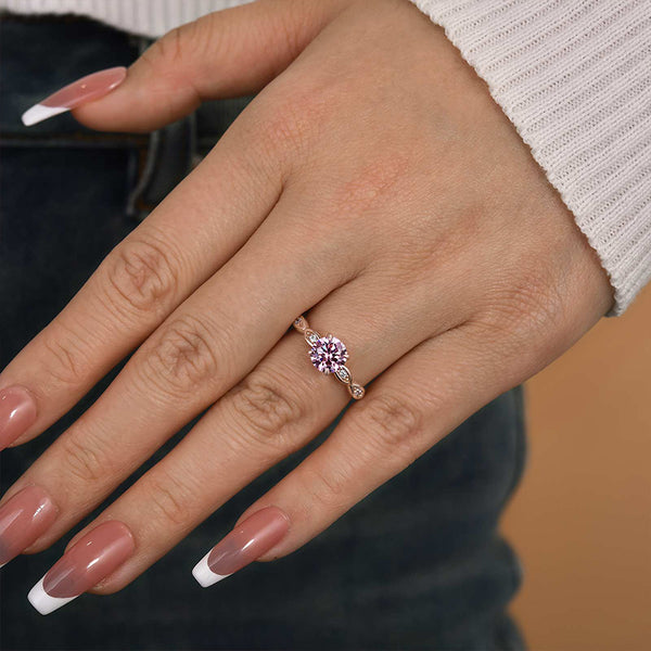 Louily Pink Stone Rose Gold Round Cut Promise Ring