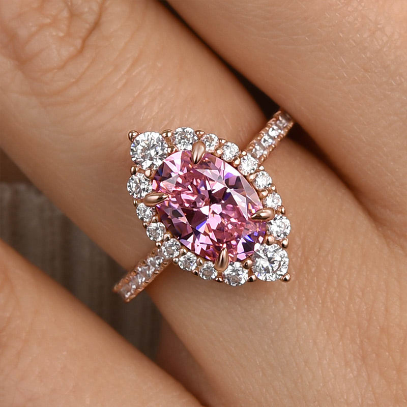 Louily Pink Stone Rose Gold Halo Oval Cut Engagement Ring - louilyjewelry